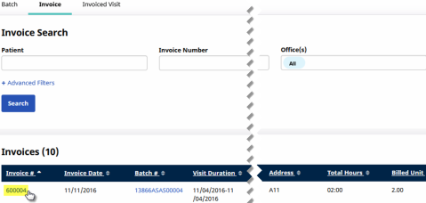 In the Invoice tab, users can click the leftmost Invoice Number link in the Invoices table.